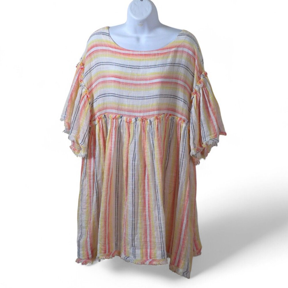 Free People Rainbow Stripe Gauze Babydoll Dress S Boho Cotton Flowy Mini